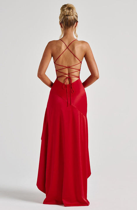 Ruffle Hem High-Low Satin Maxi Dress Fonley