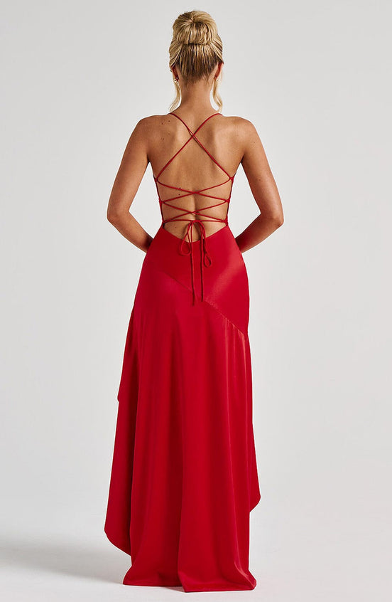 Ruffle Hem High-Low Satin Maxi Dress Fonley