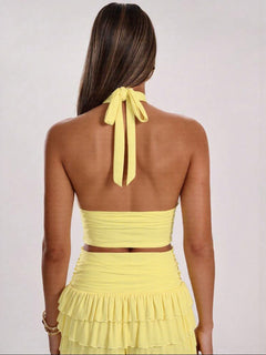 Halterneck Pleated Skirt Set|Color:Yellow
