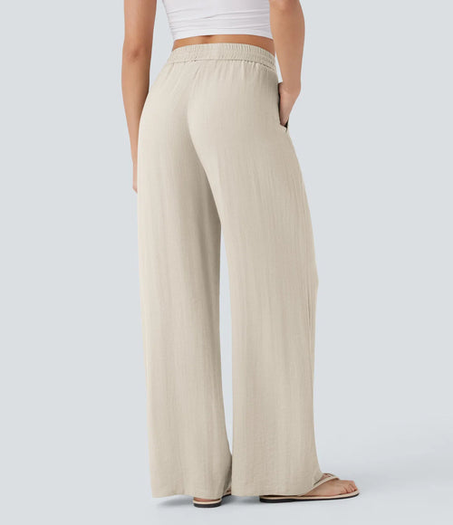 High-Waist Drawstring Wide-Leg Linen Pants|Color:Beige