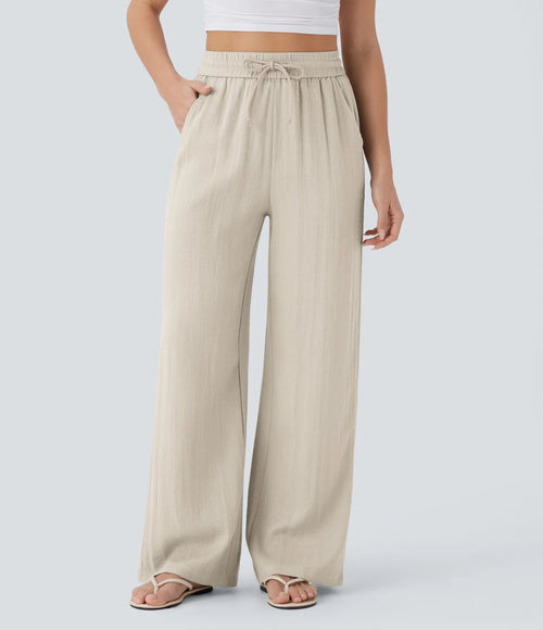 High-Waist Drawstring Wide-Leg Linen Pants|Color:Beige