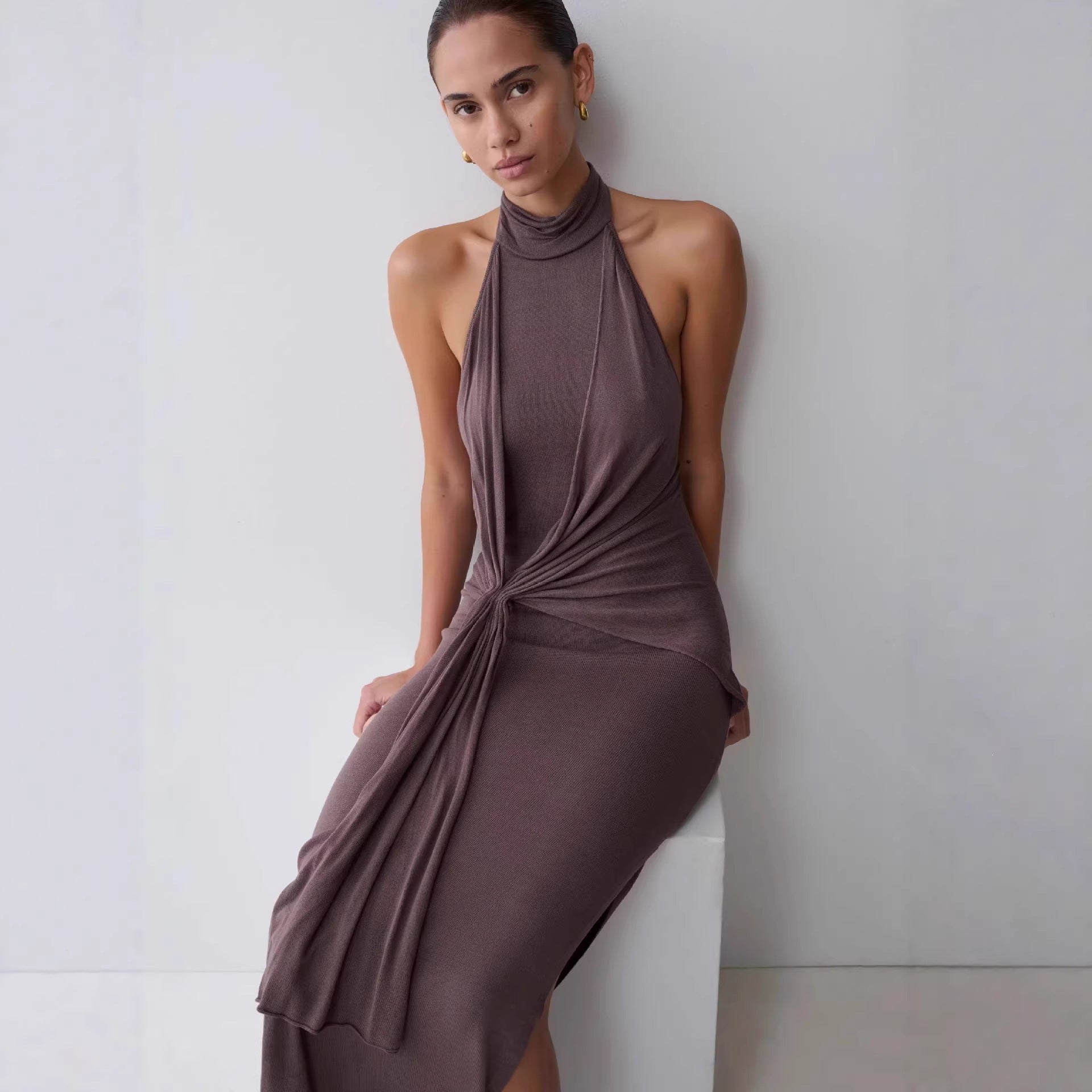 Draped Halter Knot Maxi Dress Fonley