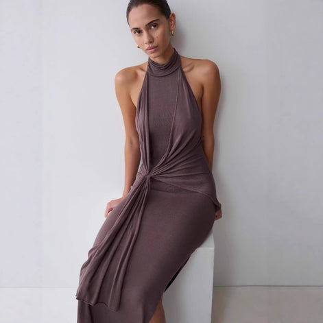 Draped Halter Knot Maxi Dress Fonley