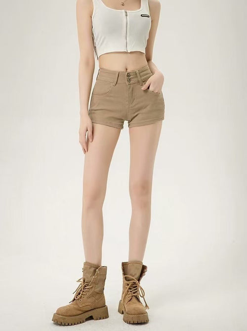 High-Waisted Double-Button Denim Shorts|Color:Beige