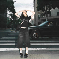 High-Waist Wide-Leg Cropped Denim Pants|Color:Black