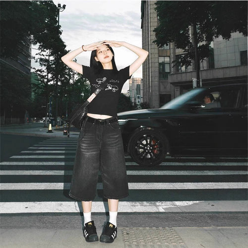 High-Waist Wide-Leg Cropped Denim Pants|Color:Black