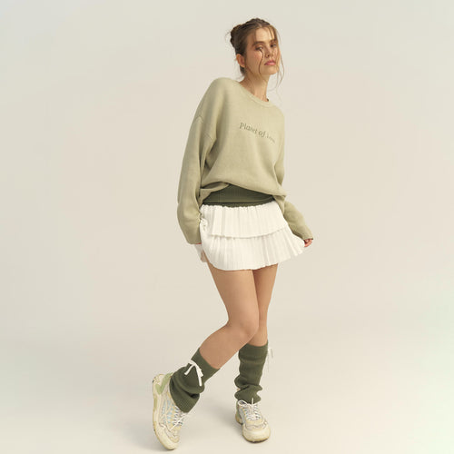 Letter Print Round Neck Knit Sweater|Color:Green