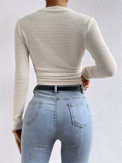 Ruched Plaid Round Neck Long Sleeve Top|Color:White