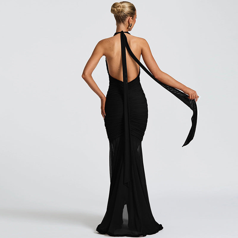 Plunging Ruffle Halter Maxi Dress Fonley