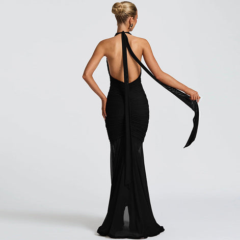 Plunging Ruffle Halter Maxi Dress Fonley