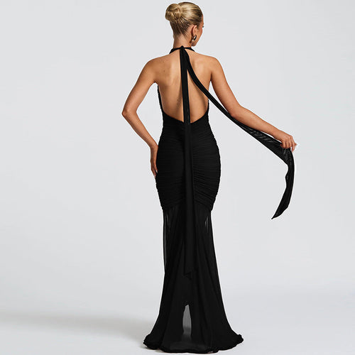 Plunging Ruffle Halter Maxi Dress Fonley|Color:Black