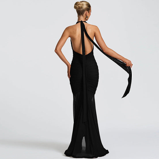 Plunging Ruffle Halter Maxi Dress Fonley