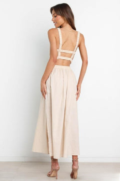 Slim-Fit Pleated Cotton Linen Midi Skirt|Color:Beige