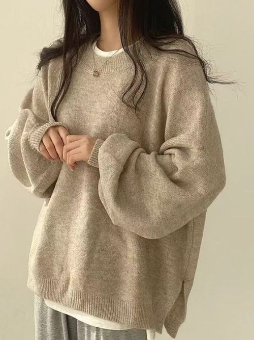 Lantern Sleeve Loose Knit Sweater|Color:Khaki