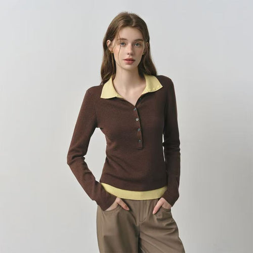 Color-Block Polo Collar Knit Sweater|Color:Brown