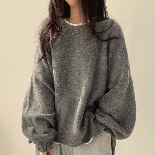 Lantern Sleeve Loose Knit Sweater|Color:Gray