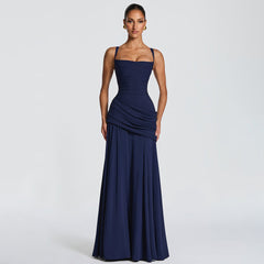 Ruched Bodice Draped Maxi Dress|Color:Navy Blue