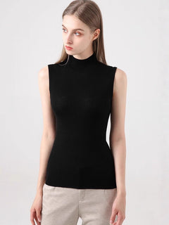 Half-Turtleneck Sleeveless Knit Vest|Color:Black