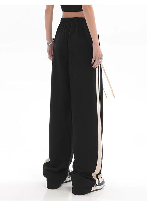 Striped High-Waist Wide-Leg Sweatpants|Color:Black