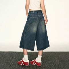 Vintage Washed Denim Wide-Leg Cropped Pants|Color:Blue