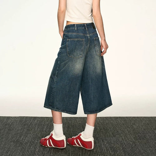 Vintage Washed Denim Wide-Leg Cropped Pants|Color:Blue