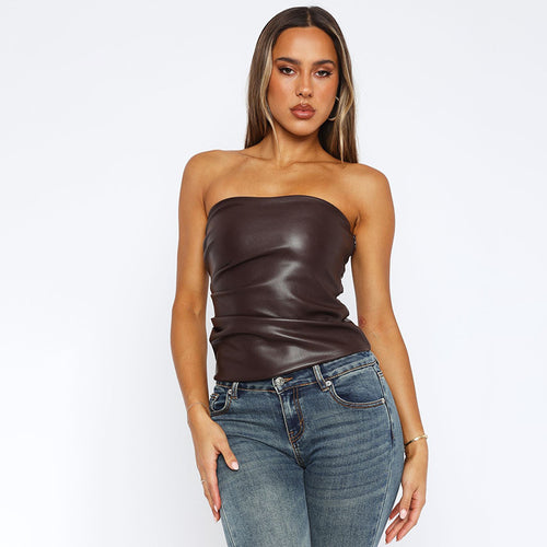 Strapless Faux Leather Tube Top|Color:Brown