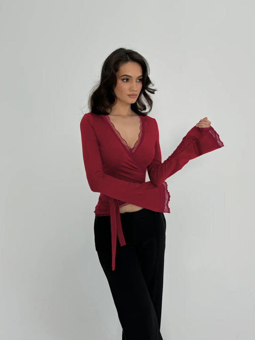 V-Neck Lace Strap Slim Fit Top|Color:Red