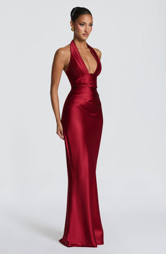 Halter Deep V-Neck Pleated Satin Maxi Dress|Color:Red