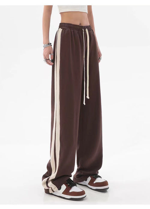 Striped High-Waist Wide-Leg Sweatpants|Color:Brown