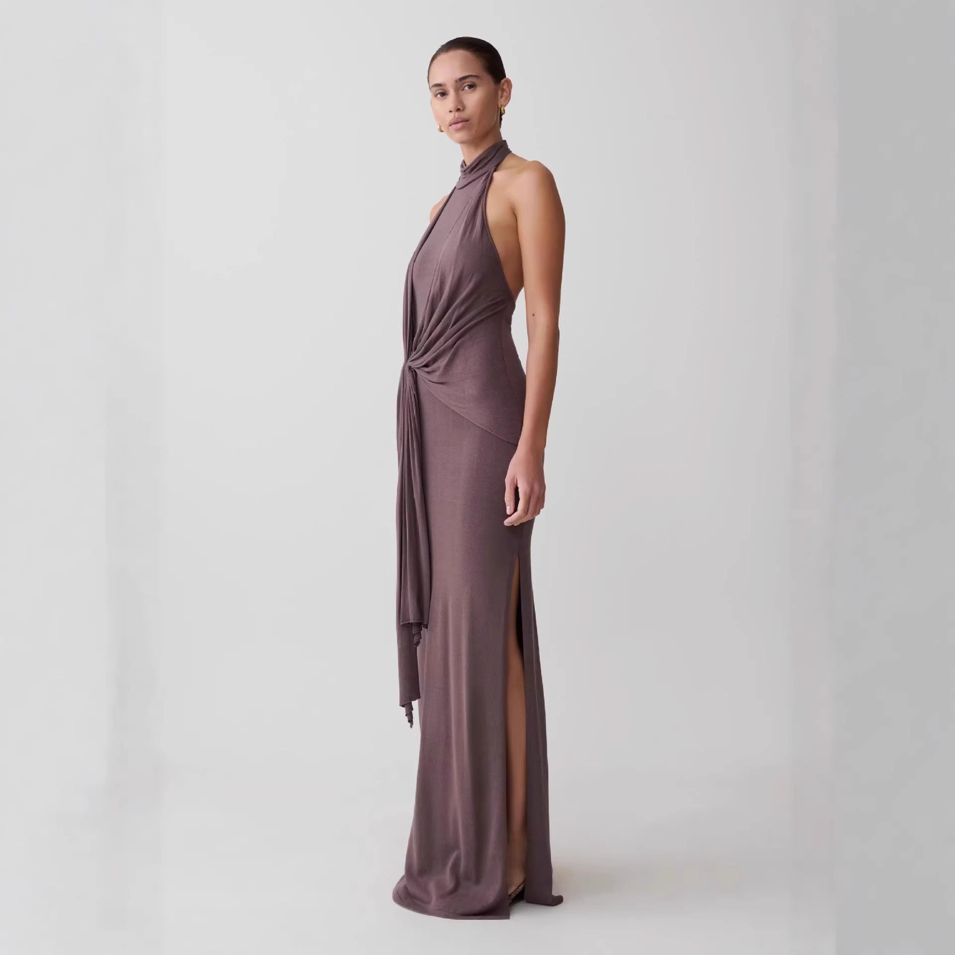 Draped Halter Knot Maxi Dress Fonley