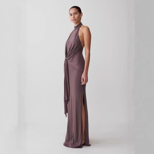 Draped Halter Knot Maxi Dress Fonley|Color:Brown