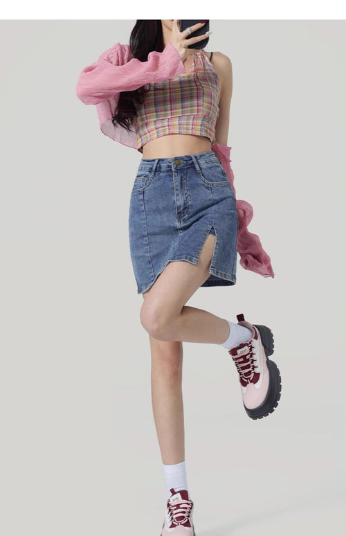 High-Waist A-Line Denim Skirt|Color:Blue