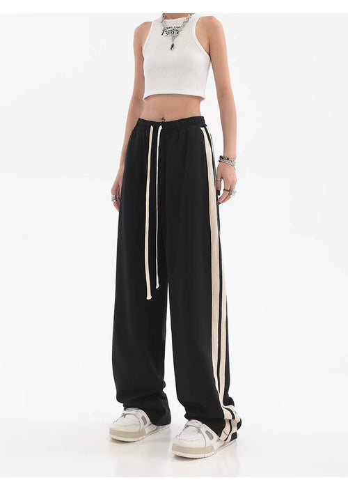 Striped High-Waist Wide-Leg Sweatpants|Color:Black