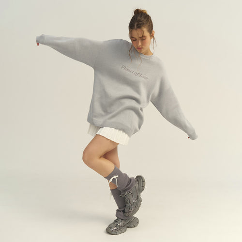 Letter Print Round Neck Knit Sweater|Color:Gray