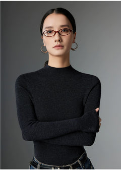 Half-Turtleneck Ribbed Wool Sweater|Color:Black