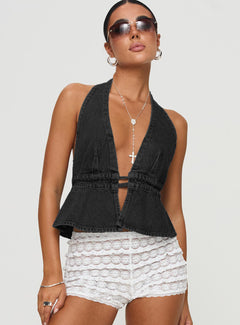 Halter Neck Lace-Up Backless Denim Top|Color:Black