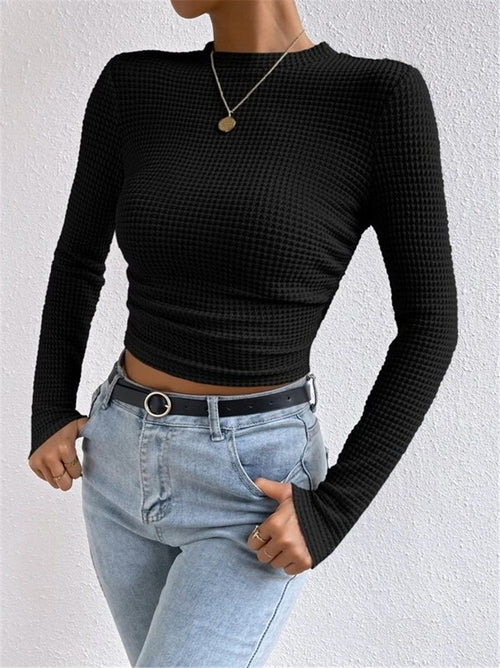 Ruched Plaid Round Neck Long Sleeve Top|Color:Black