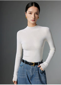 Half-Turtleneck Ribbed Wool Sweater|Color:White