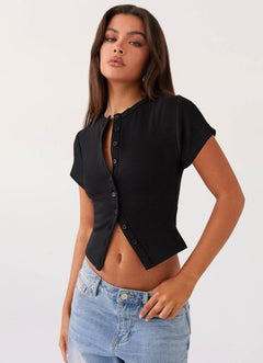 Button Front Short Sleeve Knit Cardigan|Color:Black