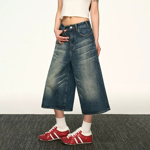 Vintage Washed Denim Wide-Leg Cropped Pants|Color:Blue