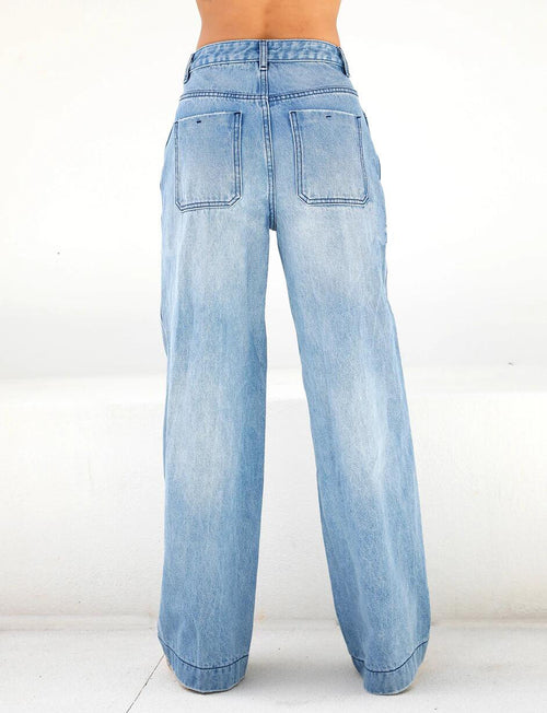 High-Waist Washed Wide-Leg Denim Jeans|Color:Blue