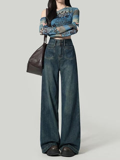 High-Waist Loose Straight-Leg Jeans|Color:Gray