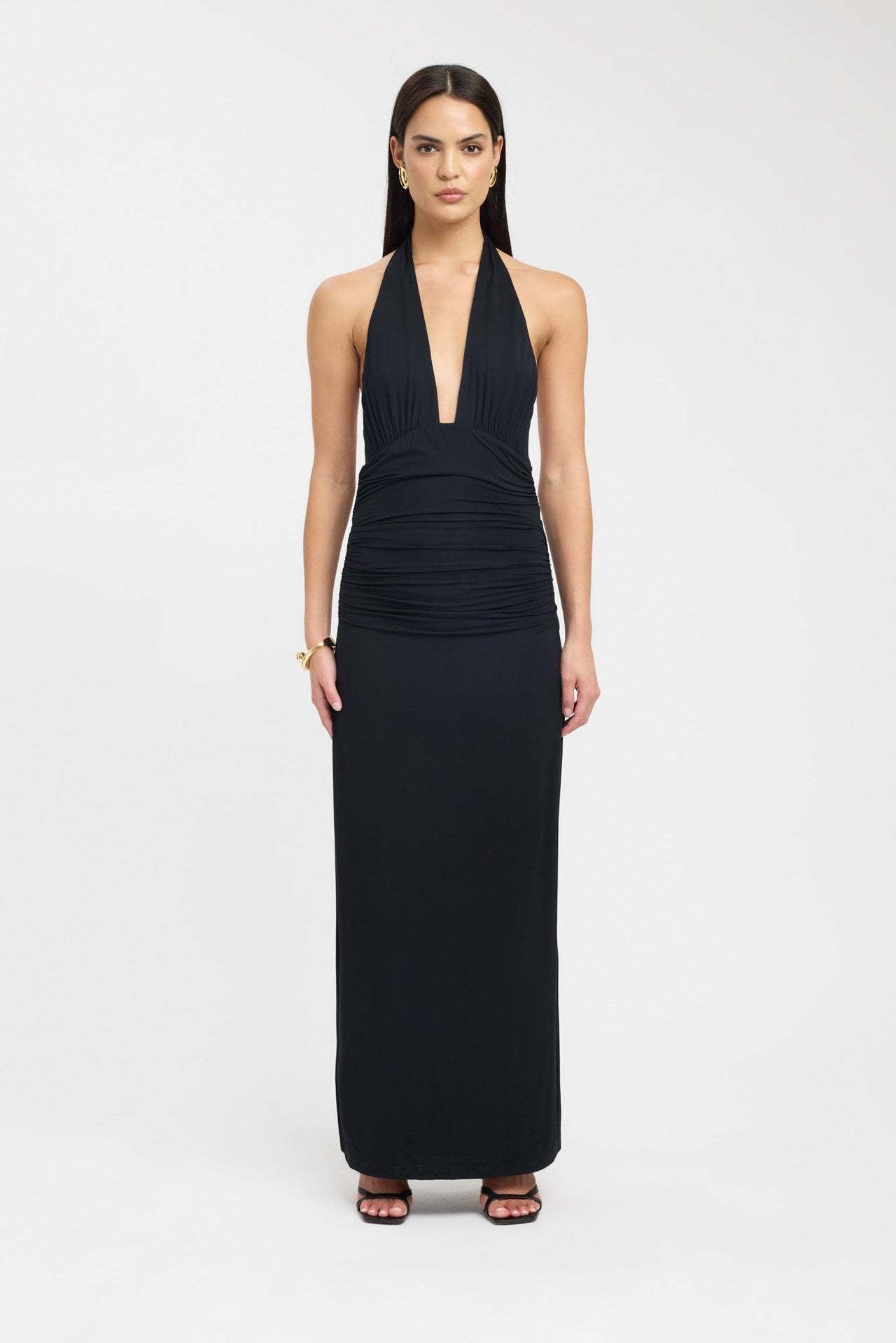 Ruched Plunge Halter Maxi Dress Fonley