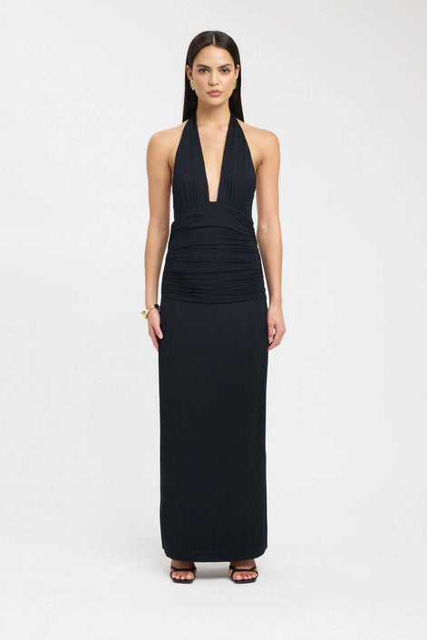 Ruched Plunge Halter Maxi Dress Fonley