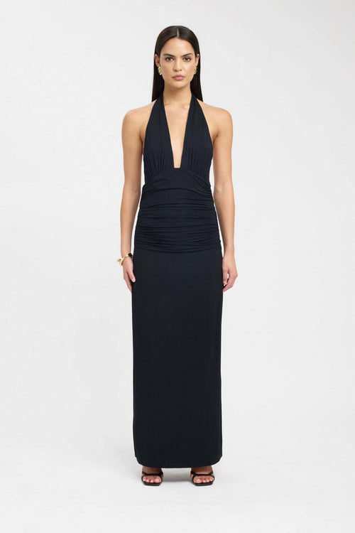 Ruched Plunge Halter Maxi Dress Fonley|Color:Black
