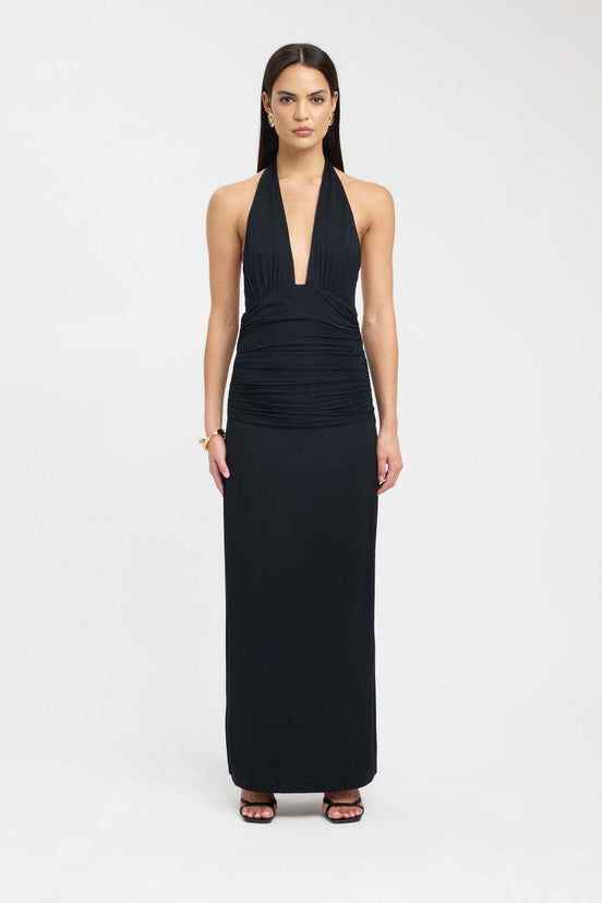 Ruched Plunge Halter Maxi Dress Fonley