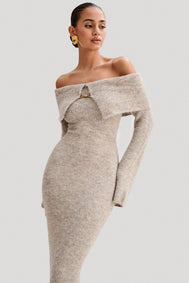 Off-The-Shoulder Buckle Detail Knit Midi Dress Fonley
