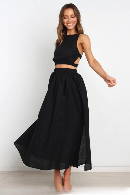 Slim-Fit Pleated Cotton Linen Midi Skirt|Color:Black