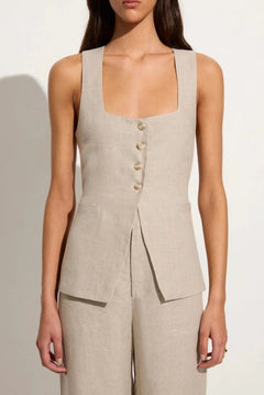 Square Collar Cotton Vest & Pants Set|Color:Beige