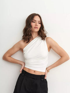 Sleeveless Pleated Vest Top|Color:White